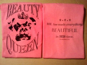Inspired by an American boxers beauty, or lack there of, this shirt is meant to be funny and encouraging. Pretty in pink too. 